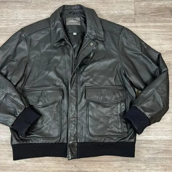 Croft and Barrow Genuine Black Leather Collared Full-Zip Bomber Jacket (Sz L)